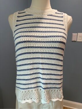 J.Crew Crochet Striped Sweater Tank Top Cream Blue 100% Cotton XS